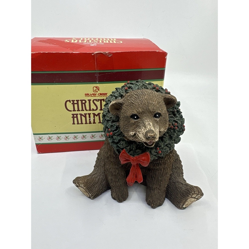 Tom Rubel Silver Deer Figurine Christmas Holiday Wreath Brown Grizzly Bear 4"H